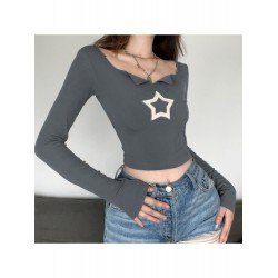 Sexy Star Embroidery Long Sleeve Fitted Tops
