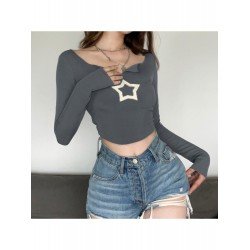 Sexy Star Embroidery Long Sleeve Fitted Tops