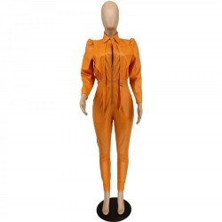  Fashion Leather Pure Color Zipper Jumpsuit