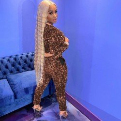  Gold Velvet Sequins Top And Skinny Trouser Sets