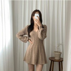  V-Neck Lantern Sleeve Women's Knitted Dress