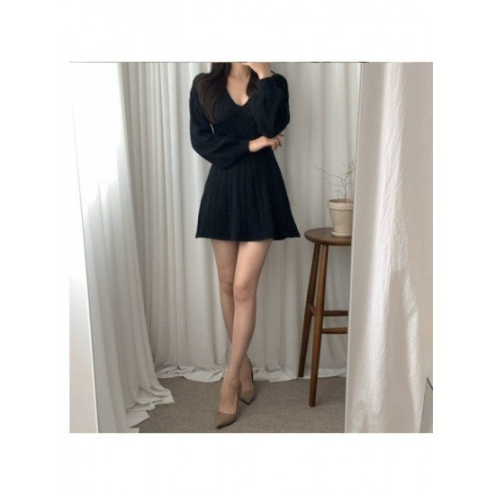  V-Neck Lantern Sleeve Women's Knitted Dress