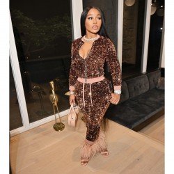  Gold Velvet Sequins Top And Skinny Trouser Sets