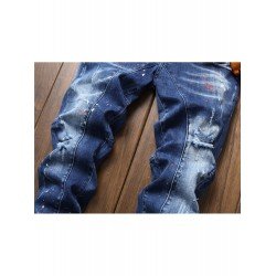 Blue Patchwork Ripped Jeans For Men