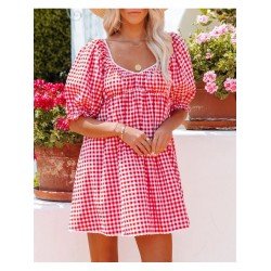 Casual Backless Plaid Puff Shoulder Short Dress  Casual Backless Plaid Puff Shoulder Short Dress