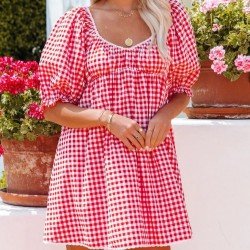  Casual Backless Plaid Puff Shoulder Short Dress