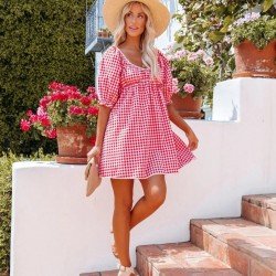  Casual Backless Plaid Puff Shoulder Short Dress