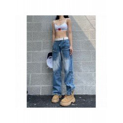 Patchwork Pockets Straight Leg Blue Jeans