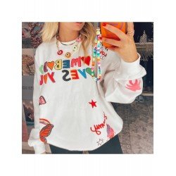  Fashion Letter Printed Butterfly Pattern Pullover Top