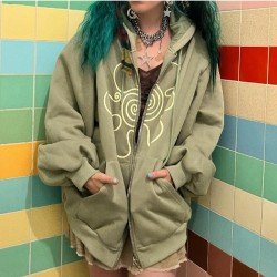 Printed Pockets Oversized Hooded Collar Women Coats