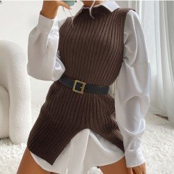 Sleeveless Slit Black Sweaters For Women