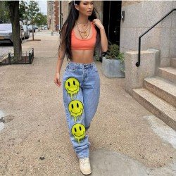  Smiling Face Printing Casual Denim Pants