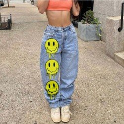  Smiling Face Printing Casual Denim Pants