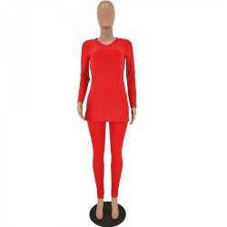 Solid V Neck Slit Matching 2 Piece Trouser Stets