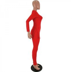 Solid V Neck Slit Matching 2 Piece Trouser Stets