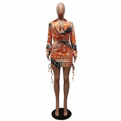 Fall Low Cut Ruched Printed Rompers