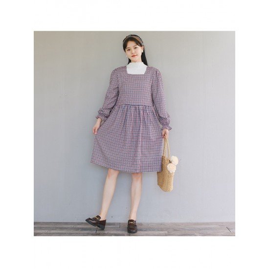 2024 Fall Square Collar Plaid Long Sleeve Dress