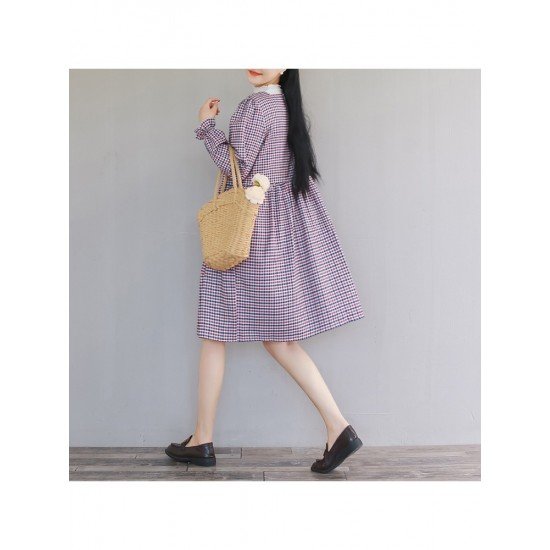  2024 Fall Square Collar Plaid Long Sleeve Dress