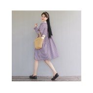  2024 Fall Square Collar Plaid Long Sleeve Dress