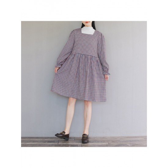  2024 Fall Square Collar Plaid Long Sleeve Dress