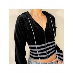 Striped Patchwork Velvet Hooded Coats For Women Striped Patchwork Velvet Hooded Coats For Women