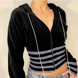 Striped Patchwork Velvet Hooded Coats For Women