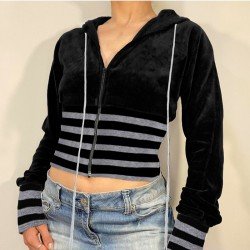 Striped Patchwork Velvet Hooded Coats For Women
