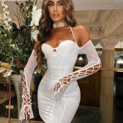  Sexy White Halter Gauze Ruched Long Sleeve Dress
