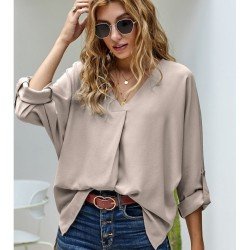  Loose V-Neck Pure Color Long Sleeve Shirt