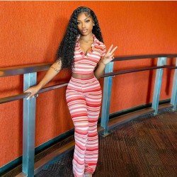  Casual Striped Crop Top And Trouser Women's Suit