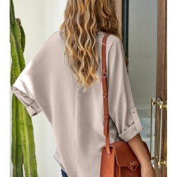  Loose V-Neck Pure Color Long Sleeve Shirt