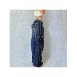 Designer Patchwork Loose Straight Leg Blue Ladies Jeans Designer Patchwork Loose Straight Leg Blue Ladies Jeans