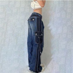 Designer Patchwork Loose Straight Leg Blue Ladies Jeans