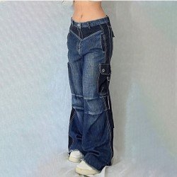Designer Patchwork Loose Straight Leg Blue Ladies Jeans