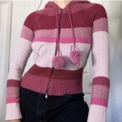  Striped Contrast Color Hooded Collar Coats