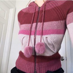  Striped Contrast Color Hooded Collar Coats