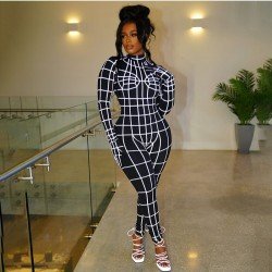 Printed Zipper Up Long Sleeve Jumpsuits