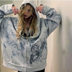  Casual Loose Hooded Butterfly Pattern Printing Coats