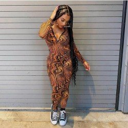 Printed V Neck Long Sleeve Skinny Women Jumpsuits