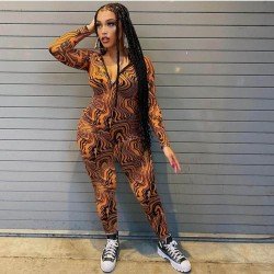 Printed V Neck Long Sleeve Skinny Women Jumpsuits