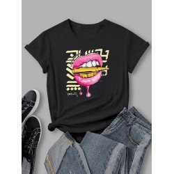 Women Lip Graphic Crew Neck T Shirts