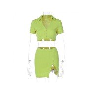  Summer Pure Color Top And Split Skirt Suits