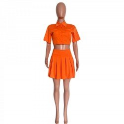  Pure Color Crop Top And Pleated Skirt Suit