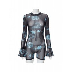 Nightclub See Through Backless Mock Neck Rompers