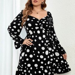 Plus Size Black Dots Puff Sleeve Ruffle Dresses