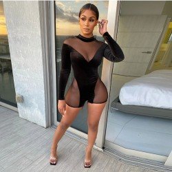  Skinny Mesh Patchwork Backless Women's Short Rompers