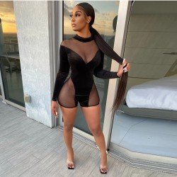  Skinny Mesh Patchwork Backless Women's Short Rompers