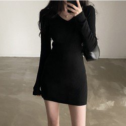 Casual Simple Black V Neck Long Sleeve Short Dress