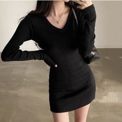 Casual Simple Black V Neck Long Sleeve Short Dress