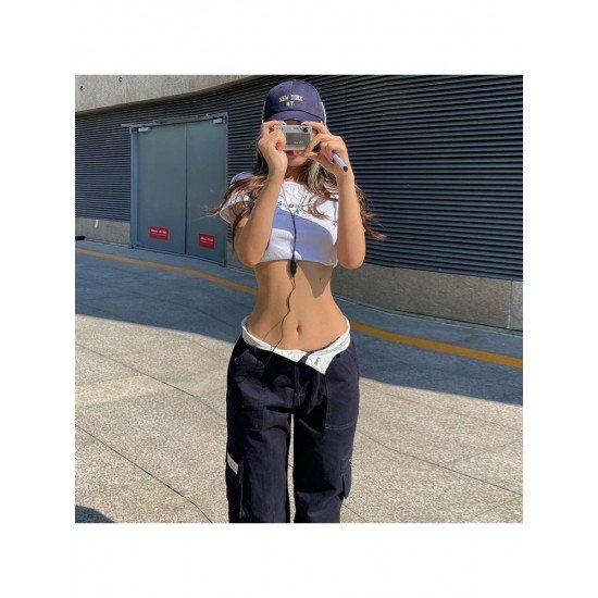 Black Straight Leg High Waist Patchwork Jean Trousers